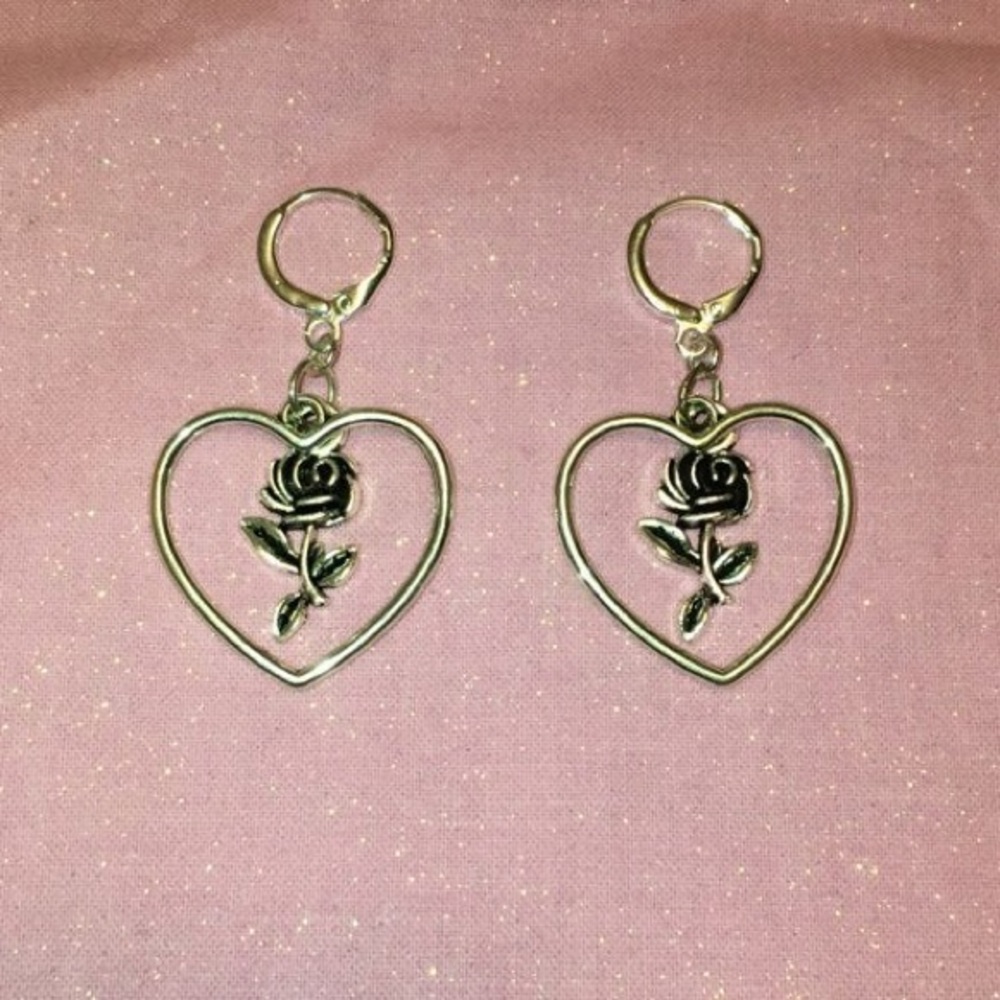 Silver Heart Framed Rose Flower Huggie Earrings